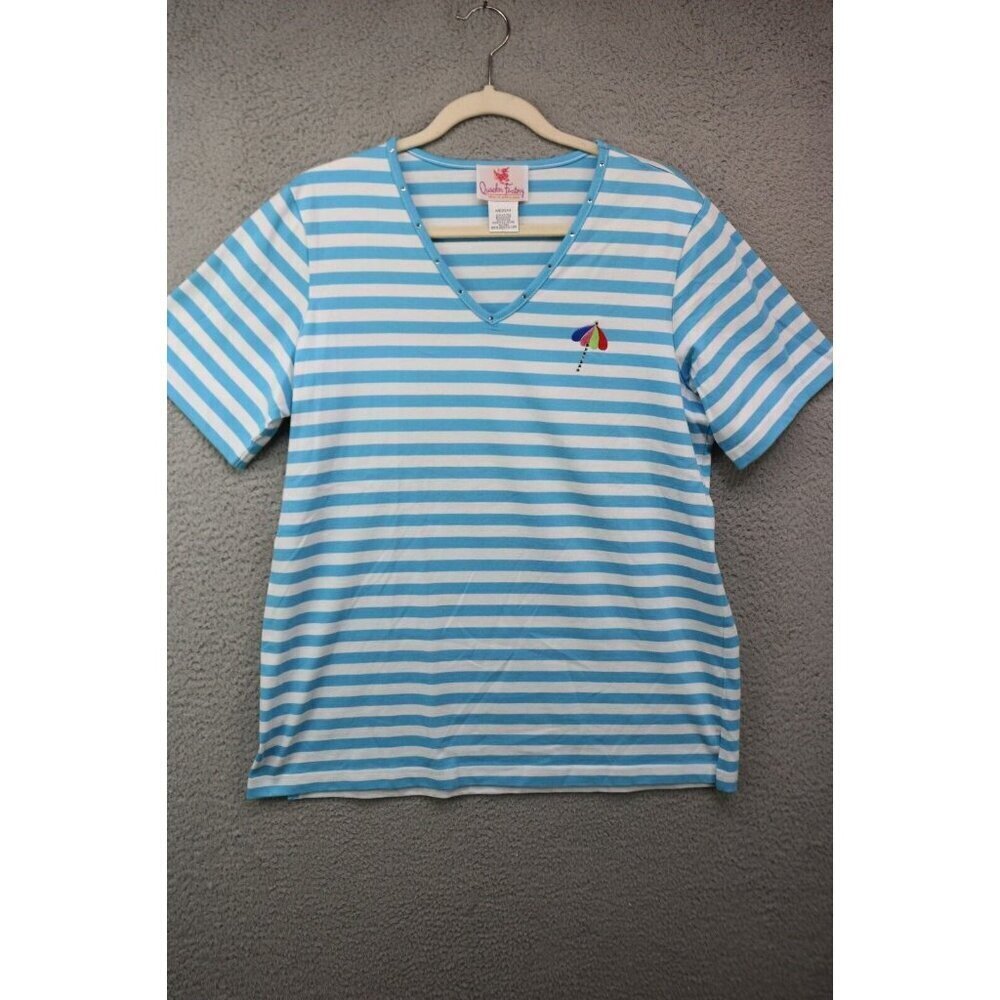 Quaker Factory Striped Short Sleeve Blouse-Embroidered-Rhinestones-Medium